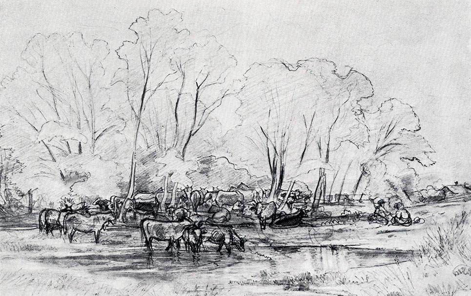 Landscape with a herd. Sketch for the similarly entitled picture (1862) Lead pencil on paper. 23.3X36.5 cm. The Russian Museum, Leningrad