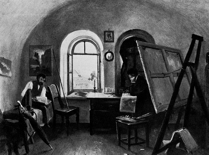 Ivan Shishkin. Alexander Guinet and the artist in their studio on valaam Island. Study. 1860. Oil on paper. 29X36.5 cm. The Russian Museum, Leningrad