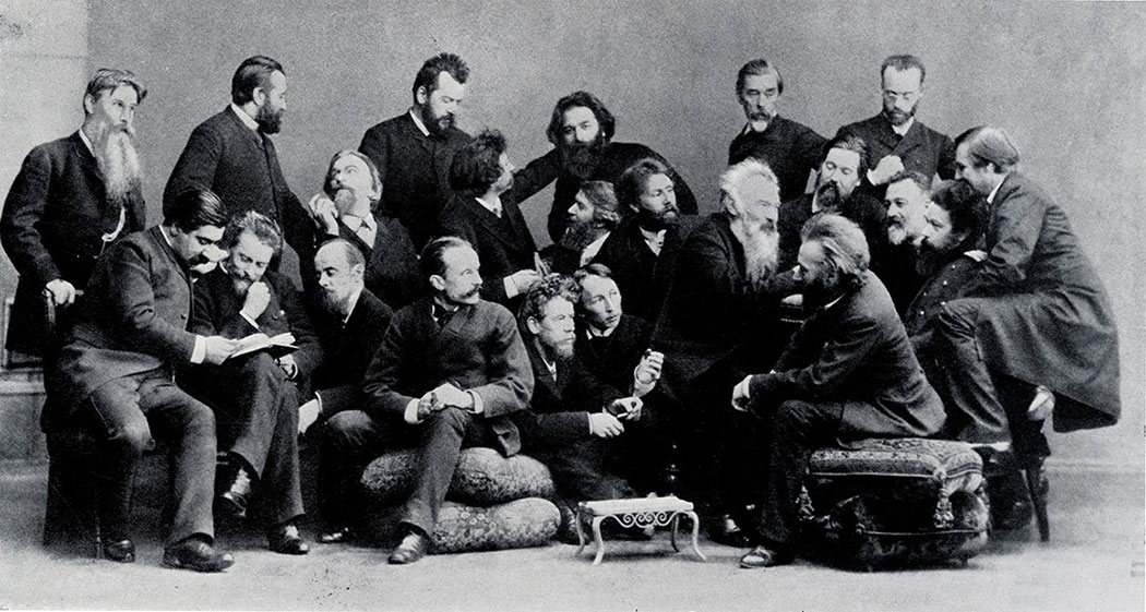 Shishkin (seated, sixth from right) with members of the Society for Circulating Art Exhibitions. Photograph. 1888