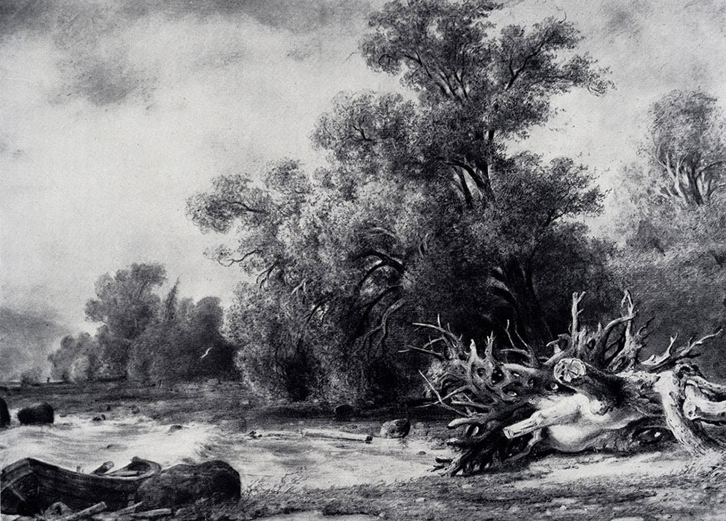 8. Dubki near Sestroretsk. 1857. Black chalk and white, with scumblingand scratching, on tinted paper. 48X65.9 cm. The Tretyakov Gallery, Moscow