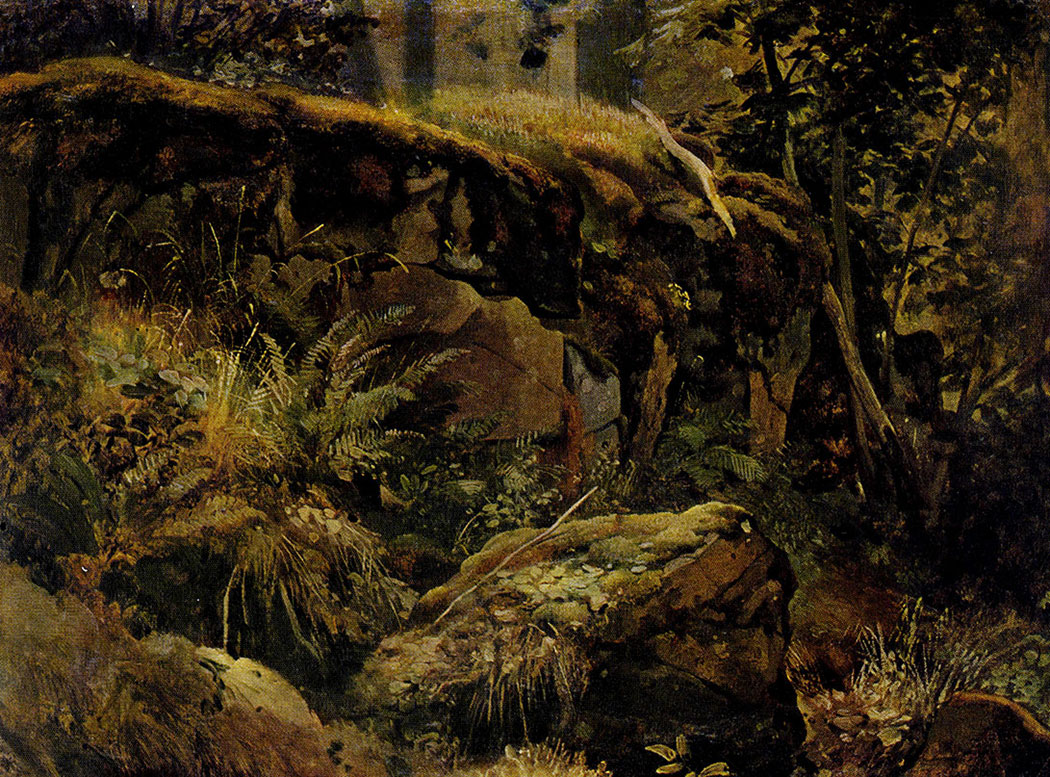 9. Boulders in a forest. Valaam. Study. Between 1858 and 1860. Oil on canvas. 31.7X43 cm. The Russian Museum, Leningrad