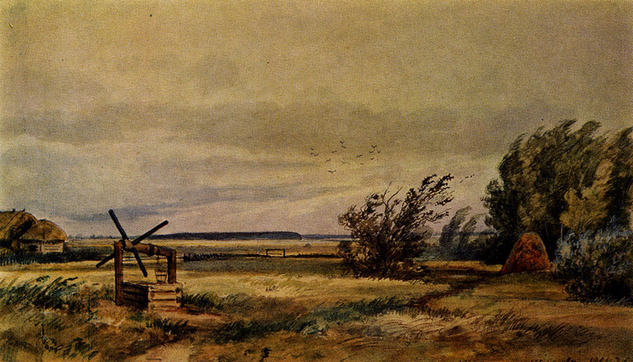 21. Shmeliovka. Windy day. 1861. Water-colours, lead pencil and white on paper, mounted on cardboard. 18.3X32.2 cm. The Russian Museum, Leningrad