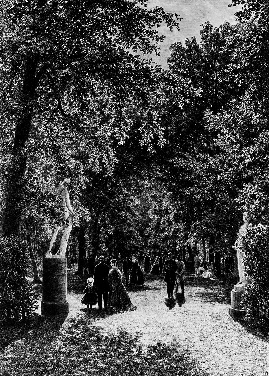 29. A walk in the summer gardens, St. Petersburg. 1869. Pen and ink on paper. 54.5X40.1 cm. The Russian Museum, Leningrad