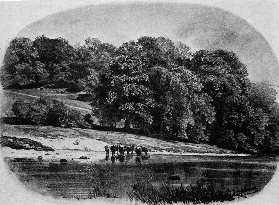 51. Herd at a watering place. 1870s. Lead pencil, wash and scumbling on paper. 27.3X38.7 cm. The Russian Museum, Leningrad