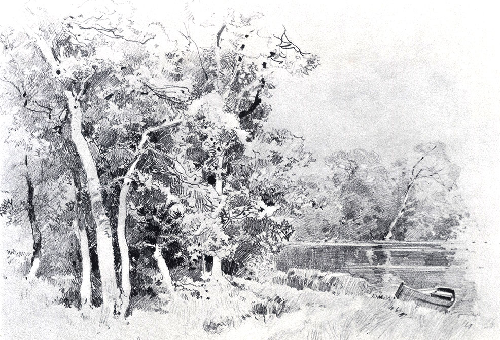 53. Grove on the bank of a pool. 1870s. Lead pencil on paper. 27X37.5 cm. Museum of Russian Art, Kiev