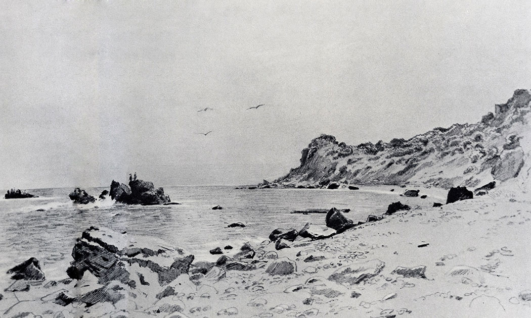 65. The seashore. Gurzuf. 1879. Lead pencil and white on tinted paper. 31X46 cm. Museum of the Academy of Arts, Leningrad