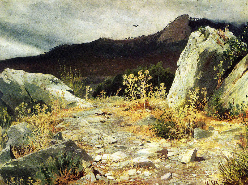 67. Mountain path. The Crimea. Study. 1879. Oil on paper, mounted on cardboard. 29.7X39.4 cm. The Tretyakov Gallery, Moscow
