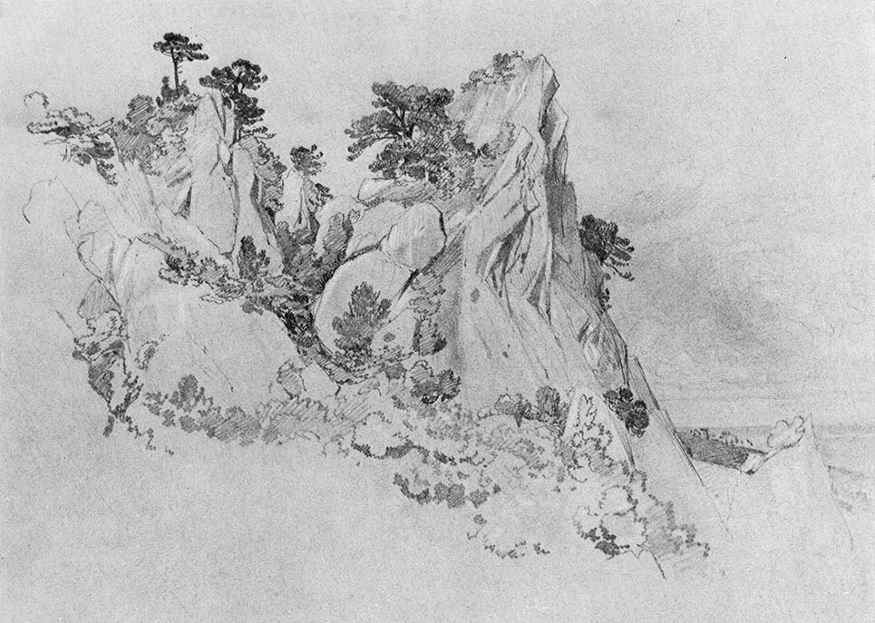 68. Pine-trees on cliffs. Alupka. 1879. Lead pencil on paper. 24.5X33.5 cm. Museum of Russian Art, Kiev