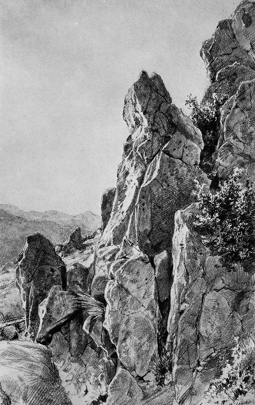 70. Cliffs in the vicinity of Gurzuf. 1879. Lead pencil on paper. 45.6X30.1 cm. The Russian Museum, Leningrad