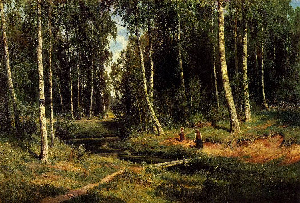 92. Stream in a birch forest. 1883. Oil on canvas. 105X153 cm. The Russian Museum, Leningrad