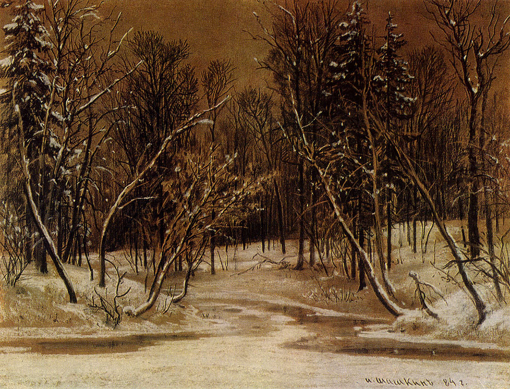 105. The forest in winter. 1884. Charcoal and chalk on tinted paper. 49.3X64.1 cm. The Russian Museum, Leningrad