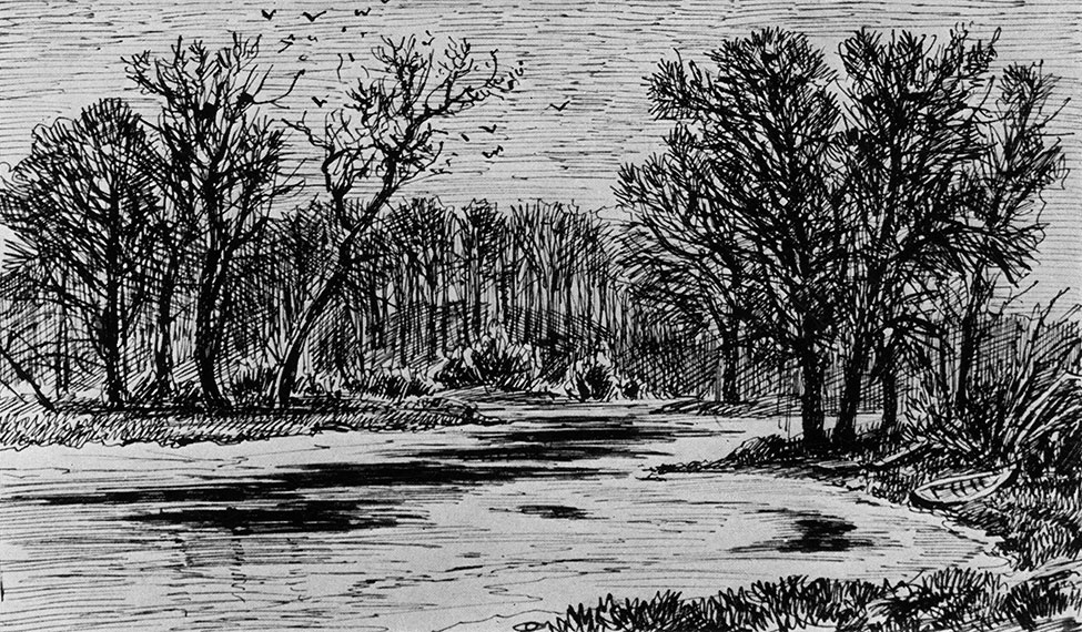 107. Swamp in the forest. 1885. Pen and ink on paper. 10.3X16.8 cm. The Tretyakov Gallery, Moscow