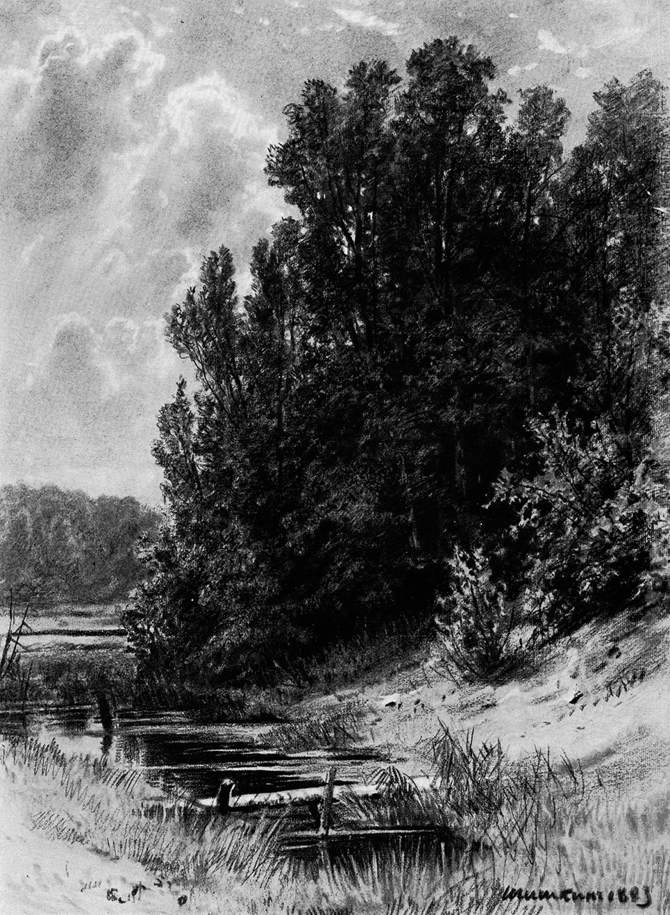 108. By the stream. 1883. Charcoal, chalk and white on tinted paper, mounted on cardboard. 59.2X45.1 cm. The Russian Museum, Leningrad