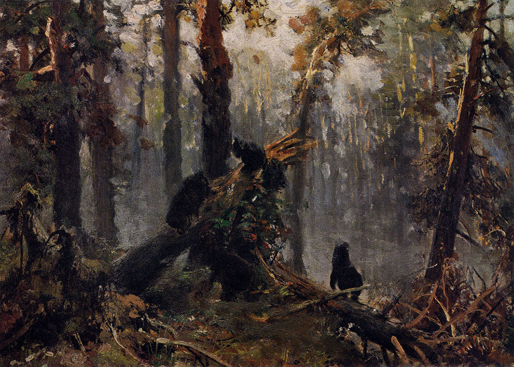 152. Morning in a pine forest. Study for the similarly entitled picture (1889). Oil on canvas. 28.3X40.1 cm. The Tretyakov Gallery, Moscow