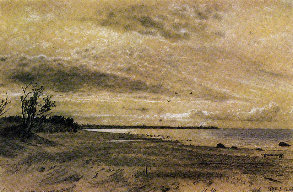 158. The seashore. Meri-Hovi. 1889. Charcoal and chalk with wash on tinted paper. 31.1X47.2 cm. The Russian Museum, Leningrad