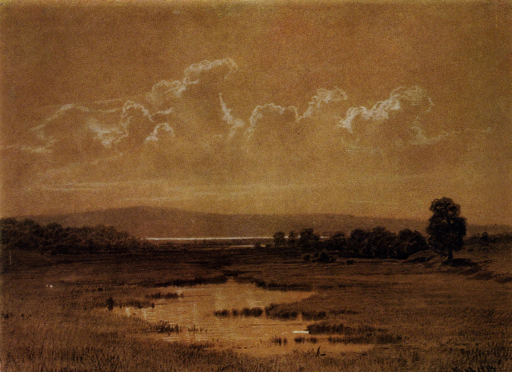 159. Water-meadows. 1884. Charcoal and chalk on tinted paper. 46.5X62 cm. The Russian Museum, Leningrad