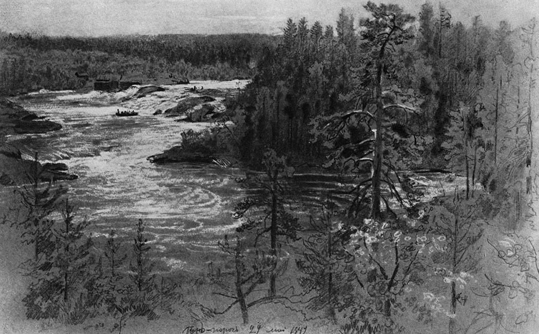 160. The por-porog rapids. 1889. Lead pencil, pen, ink, brush and chalk with wash on tinted paper. 31.3X48.6 cm. The Tretyakov Gallery, Moscow