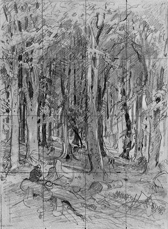 164. A forest scene with a seated male figure. 1880s. Lead pencil on paper. 33.5X24.5 cm. The Tretyakov Gallery, Moscow