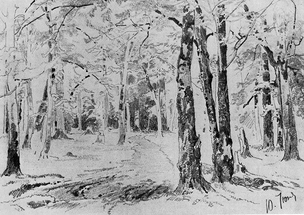 166. Forest road. Late 1870s - 1880s. Lead pencil on paper. 22.7X32.1 cm. The Russian Museum, Leningrad