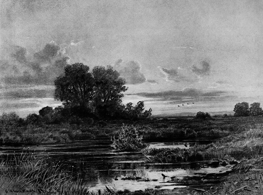 175. At dawn. 1884. Charcoal and chalk on tinted paper, mounted on cardboard. 52.1X68 cm. The Russian Museum, Leningrad