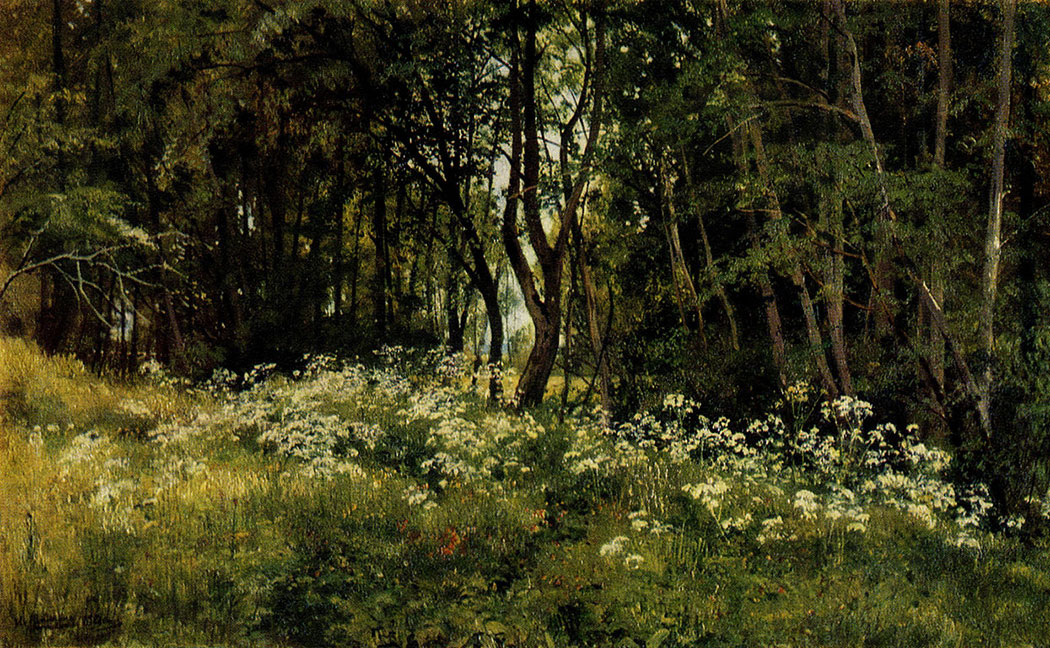 184. Flowers at a forest edge. Study for Forest on the Seashore (1890s). Oil on canvas. 42X67 cm. The Tretyakov Gallery, Moscow